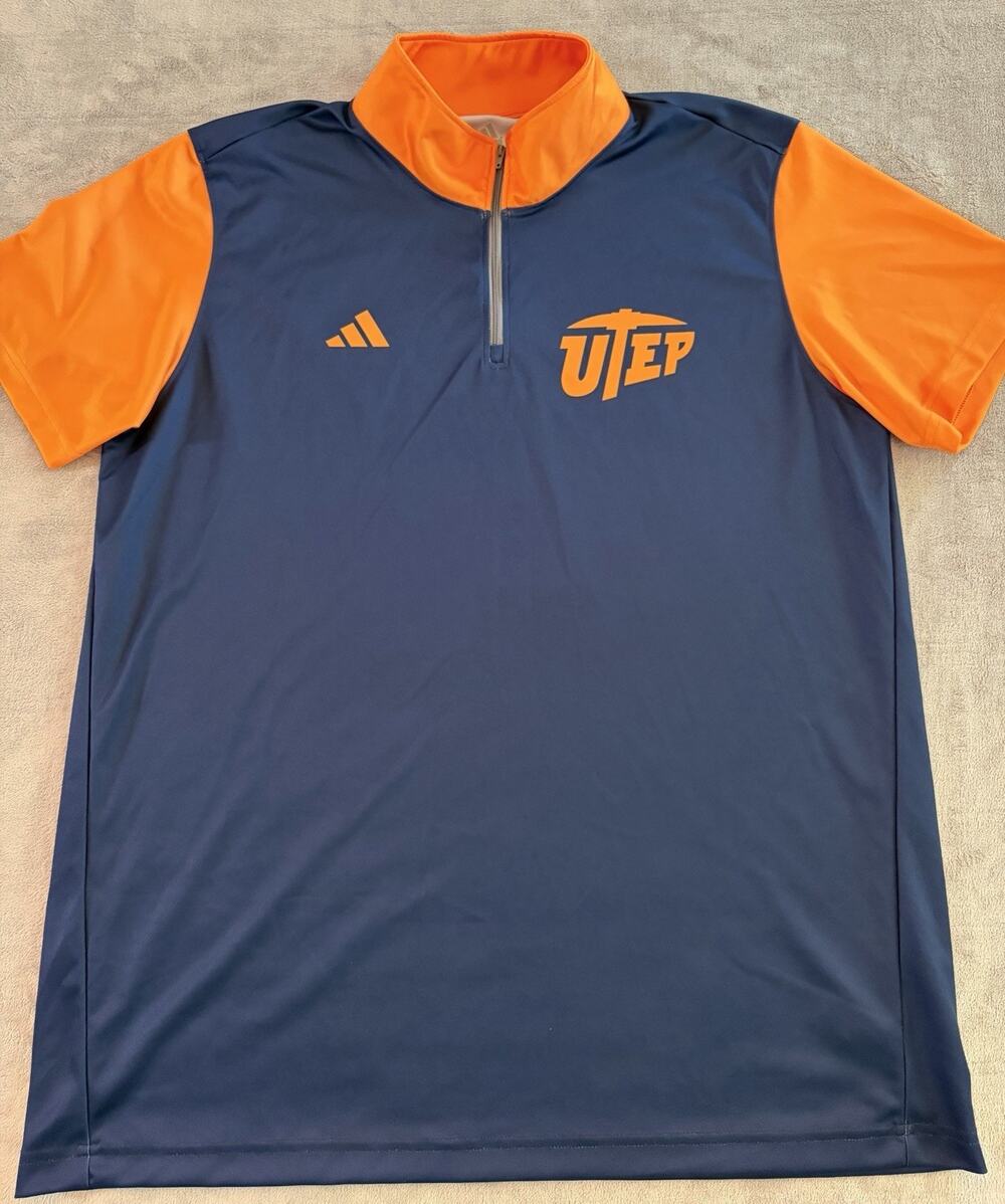 Adidas UTEP Miners XL Short Sleeve Polo Zip Shirt Blue Orange